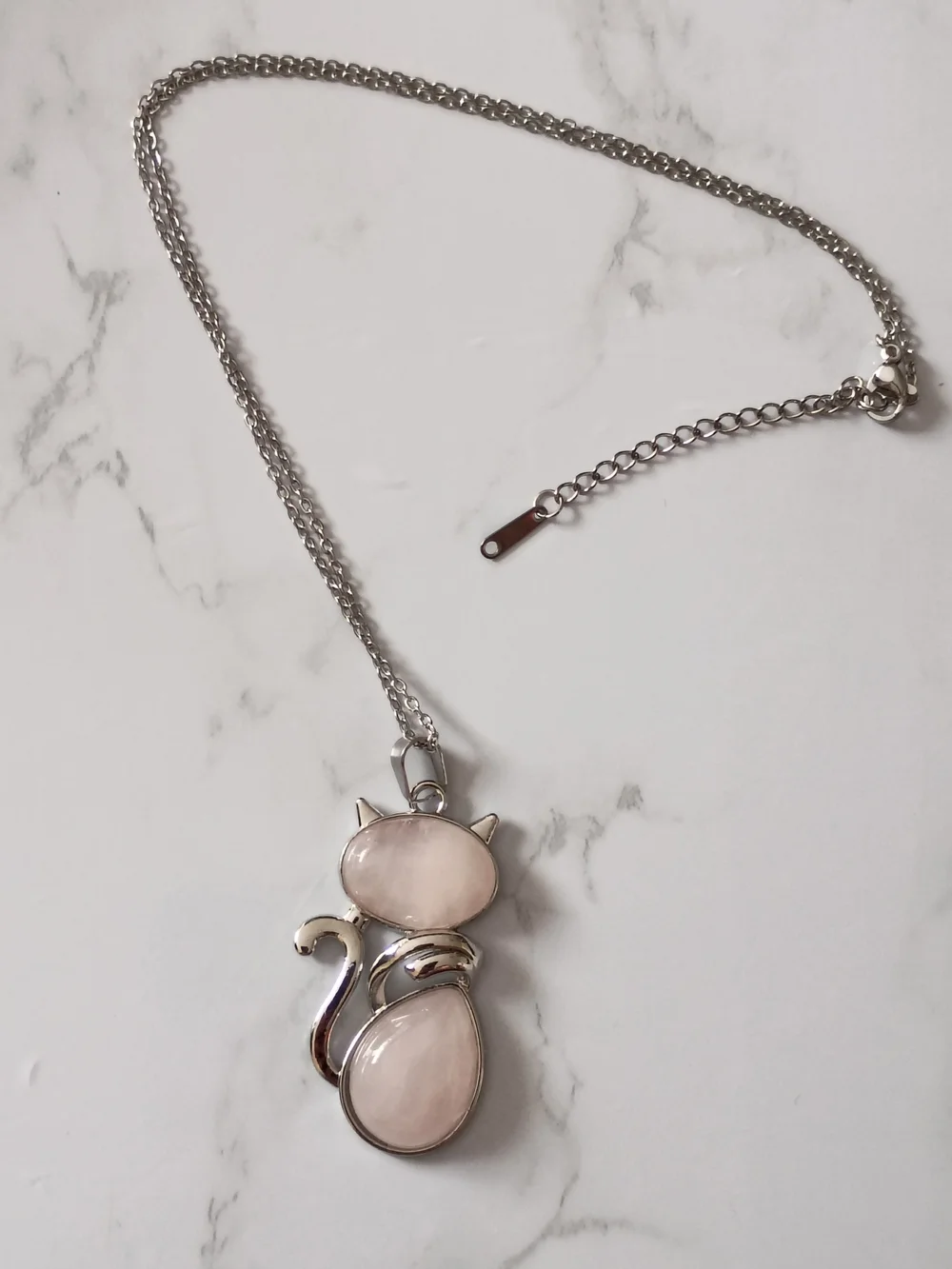 Rose Quartz Natural Crystal Gemstones Cat Pendant Necklace Stainless Steel 17in